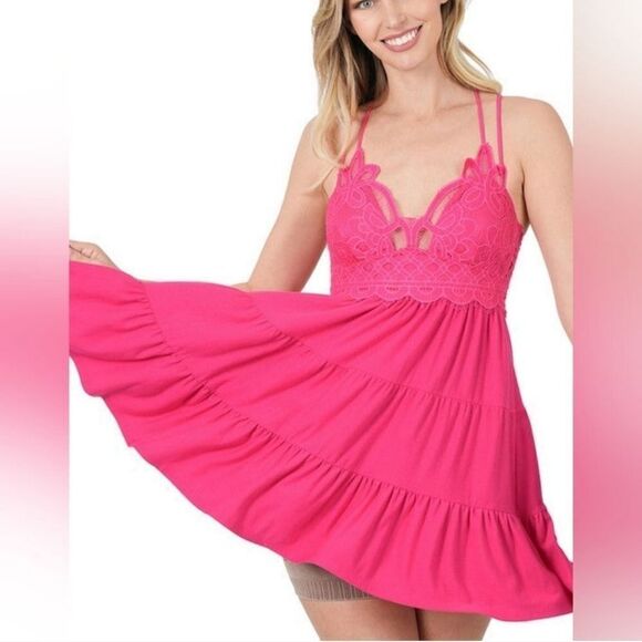 ZENANA CROCHET LACE RUFFLE CAMI DRESS HOT PINK - Picture 1 of 4